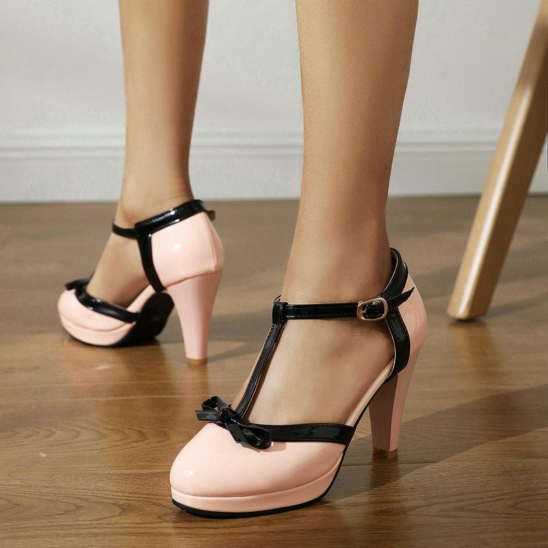 Spring and Autumn Simple and Versatile Women's Sandals One-word Buckle T-shaped Shoes Round Head High Heel Thick Heel Color Matching Women's Single