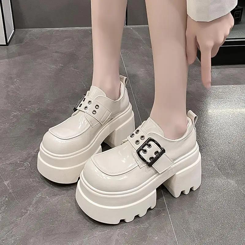 Fashion Women's High Platform Leather Shoes New Spring 10CM Heels Chunky Sneakers Female Lace-up Loafers Walking Shoes Woman