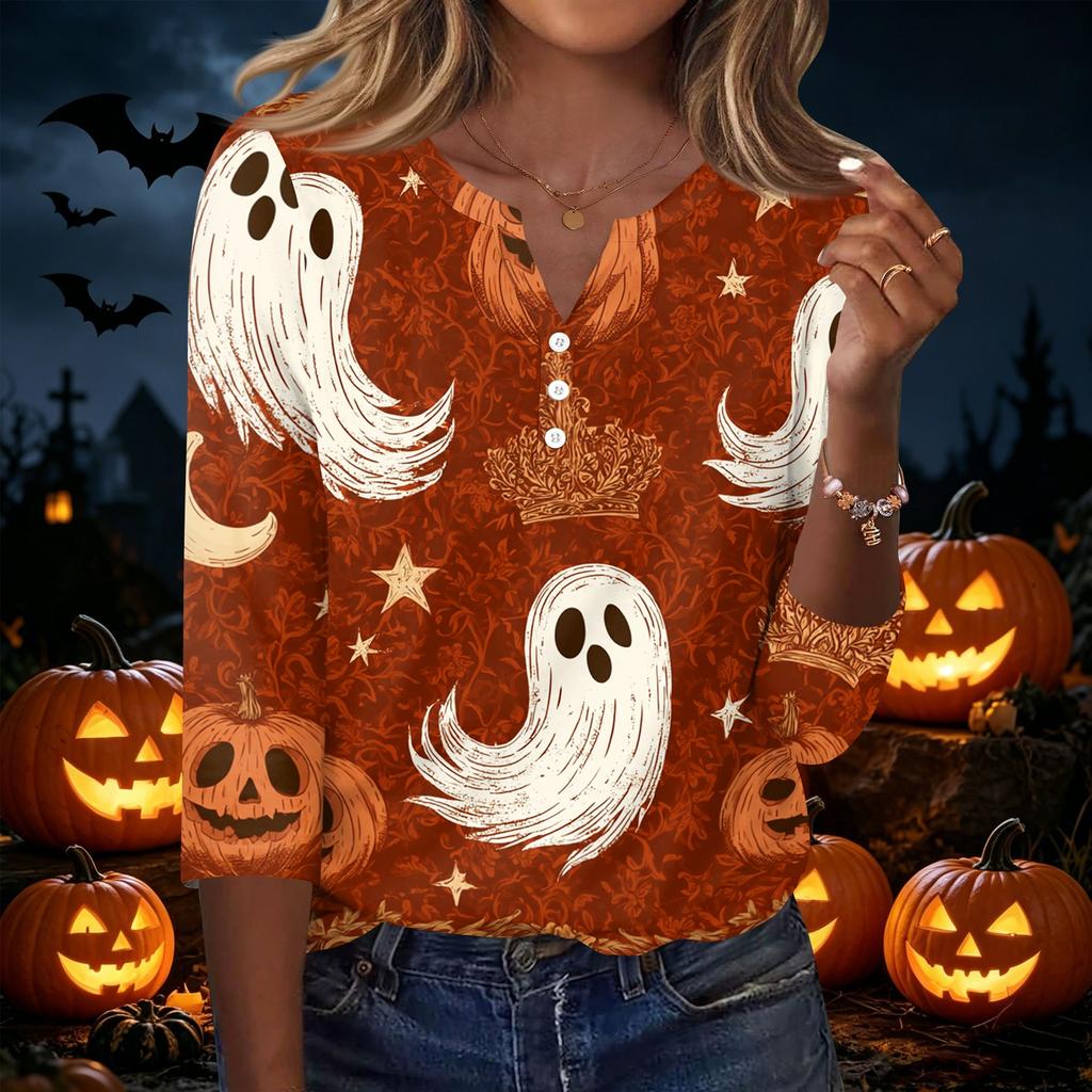 Women's Casual Halloween Print V Neck Button Front Three Quarter Sleeve T Shirt Top Lightweight Soft Fabric Comfortable Fit