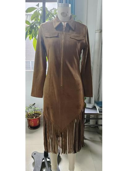 Westlicher Cowboy Wildleder Fransen Schlankes Kleid - Langärmelig, 2025 Stil