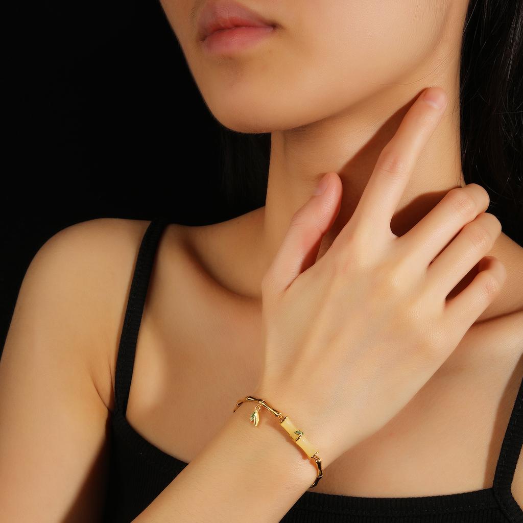 New Sterling Silver Bamboo White Jade Beaded Bracelet Adjustable Chain Women's Gift Jewelry