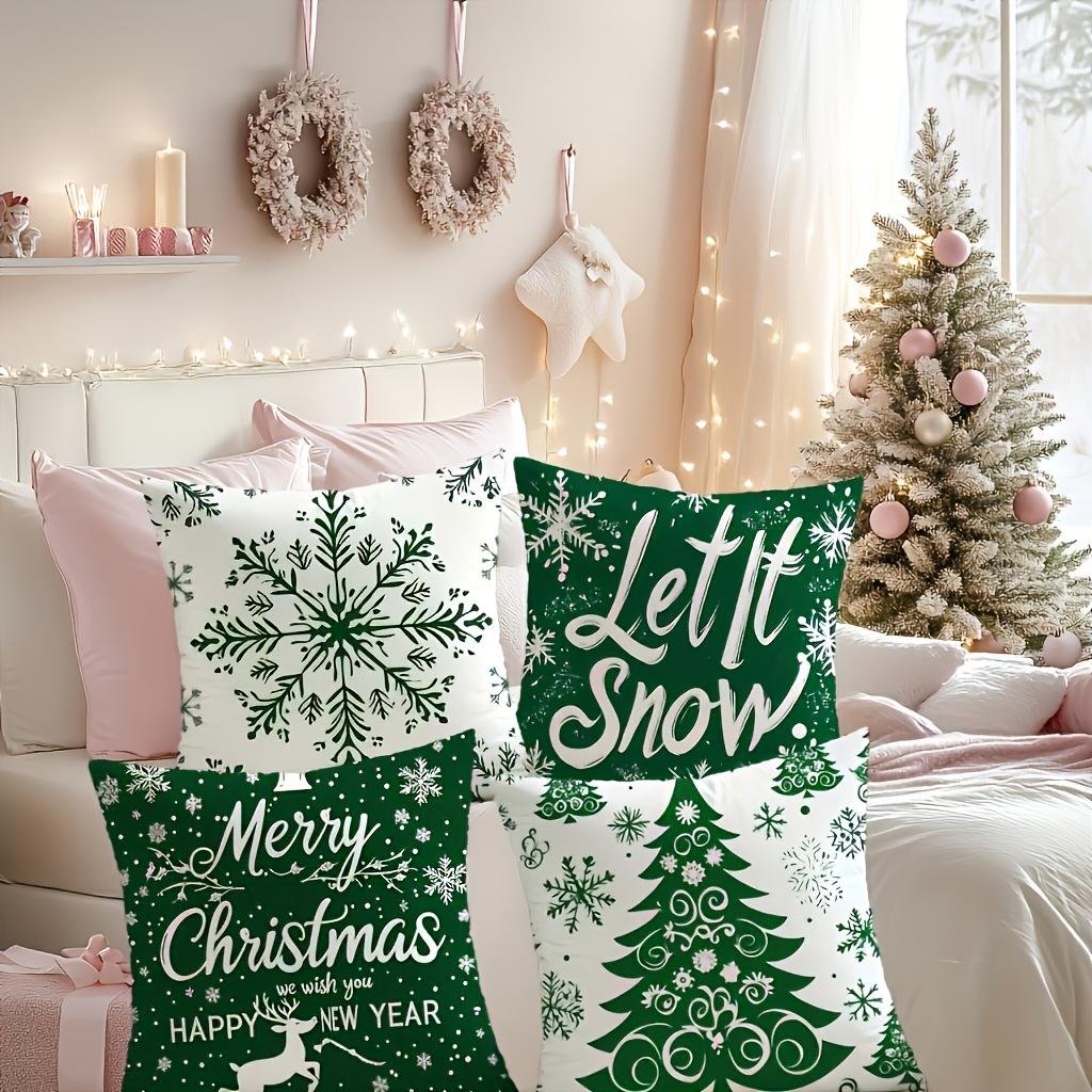 4pcs Pcs Christmas Tree & Snowflake Throw Pillow Covers - Double-Sided Zipper Cushion Cases Suitable Bedroom Car Office, Machine Washable Green Snowfl