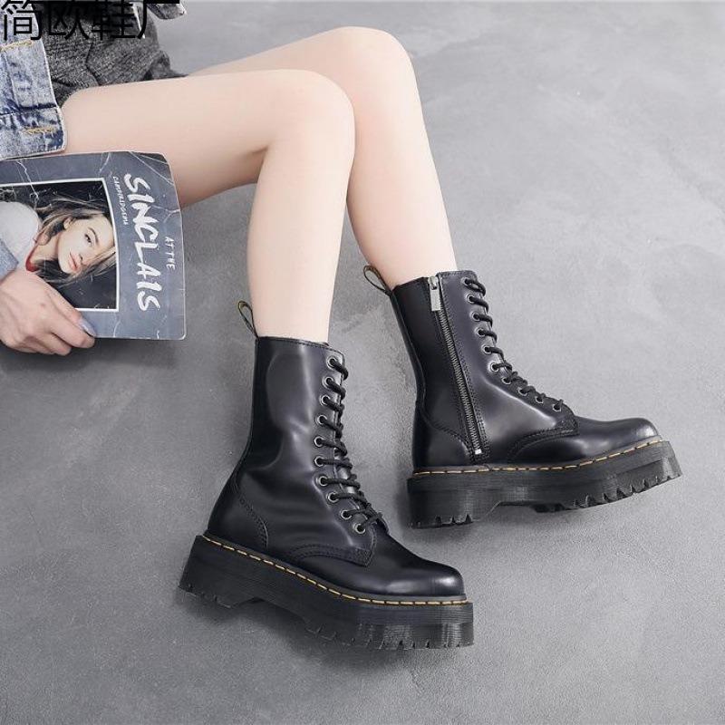 Thick bottom hole locomotive boots women's 10 side zipper British long boots muffin series
