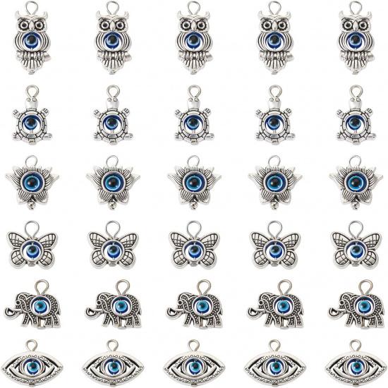 Pandahall 60Pcs Tibetan Evil Eye Alloy Charms Antique Silver Sea Turtle Butterfly Elephant Owl Flower Eye Metal Dangle Pendants for Vintage Necklace