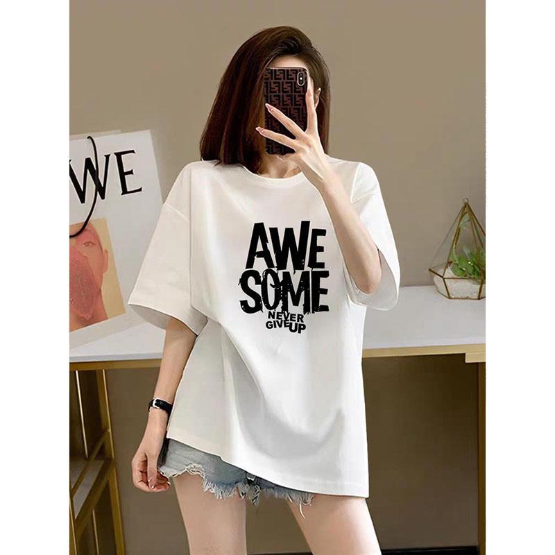 Damenbekleidung Schick Buchstabendruck Basic Top T-Shirts Sommer Mode Reine Baumwolle Rundhals Kurzarm T-Shirt Locker Pullover 45-105Kg