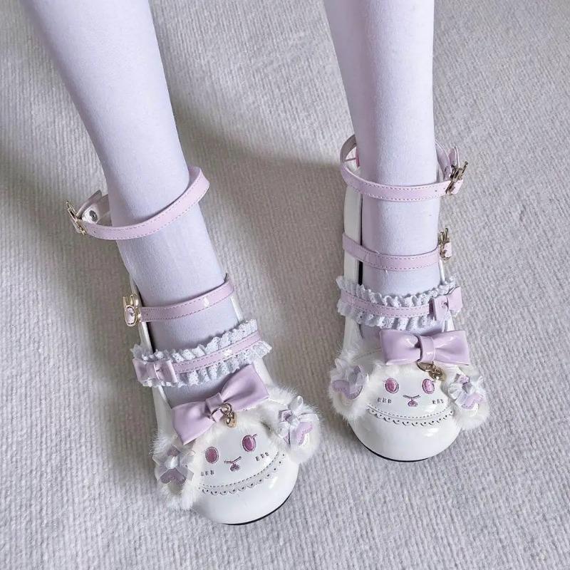 Sweet Girls Lolita Furry Rabbit Ears Pumps Students Cute Bowknots Lace Embroidery Shoes