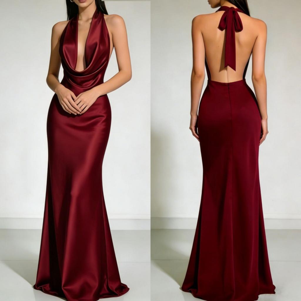 Sommer-Neckholder-Rückenfreies Satin-Abendkleid, Elegantes Sexy Langes Abschlussballkleid für Brautjungfernparty