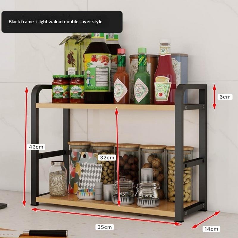 2 Tier Kitchen Counter Storage Rack Wooden Desktop Spice Organizer Heavy Duty For Countertop Seasoning Bottle Storage