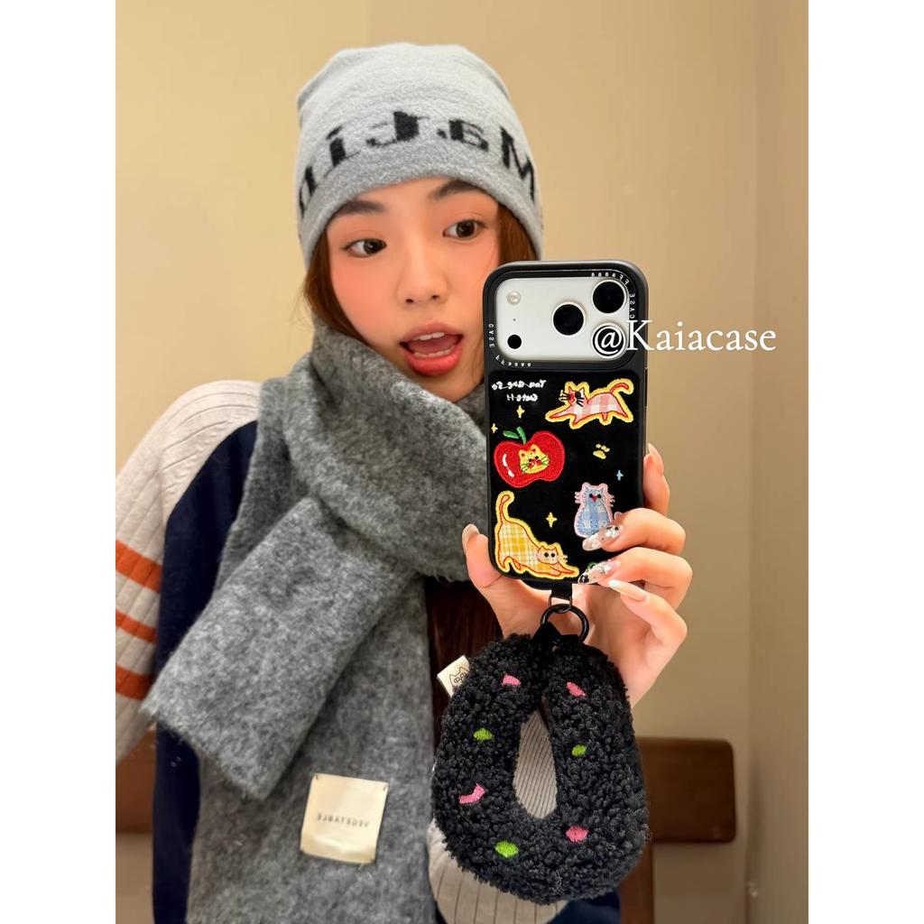 Autumn and winter denim embroidery red apple cat for apple 17promax mobile phone case iphone16pro new 1