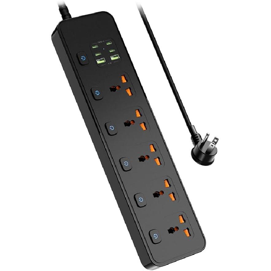 Universal Power Strip with USB Ports, Individual Swtich, 6ft Power Cord, 5 Universal AC Outlets, 4USB C and 2USB (5V/4.2A), Max 3000w, 110-240V,