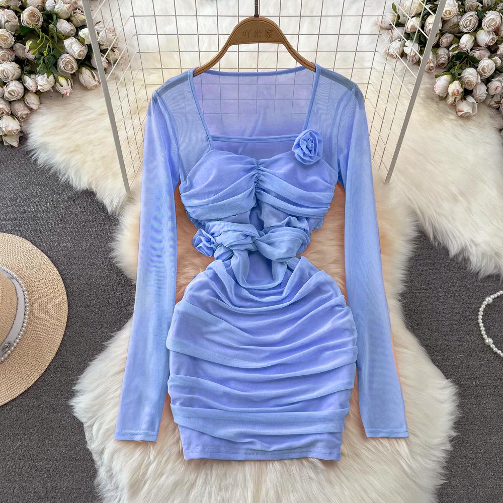 Spring and Autumn Women's Dress Pure Desire Spice Girl Sexy Long Sleeve Square Neck Waist Slimming Mesh See Through Stereoscopic Flower Hip Dress