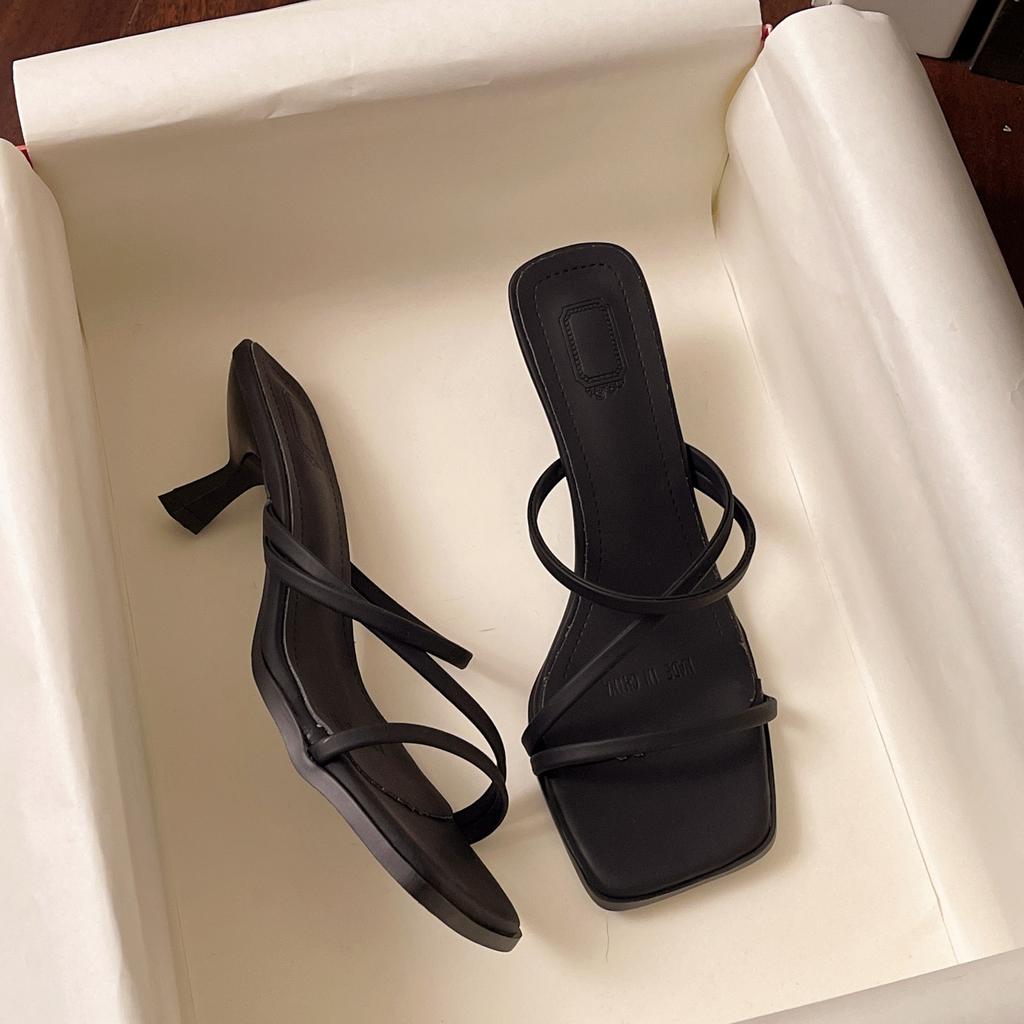 French premium! Beige one-word strap sandals women's spring and summer square head stiletto high heels