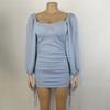 Long Sleeve Bodycon Dress Women Low Neck Rib Sexy Slim Fit Drawstring Pleated Wrapped Hip Mini Dress