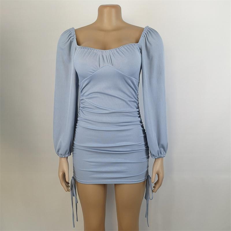 Long Sleeve Bodycon Dress Women Low Neck Rib Sexy Slim Fit Drawstring Pleated Wrapped Hip Mini Dress