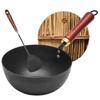 Mini Deep 9cm Nitride Iron Textured Chinese Iron Natural Wood Lid Induction Gas Easy To Frying with Less Ideal for Home Camping Wok, Stir-Fry Pan,