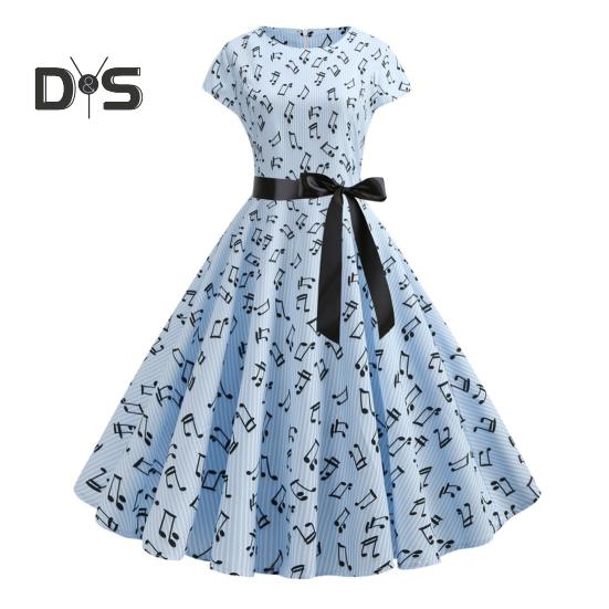 Damenkleid mit Musikskalen-Print, Rundhalsausschnitt, Schleife, Gürtel, enge Taille, A-Linie, großer Saum, bunt, kurze Ärmel, Reißverschluss auf der Rückseite, Midikleid für Damen