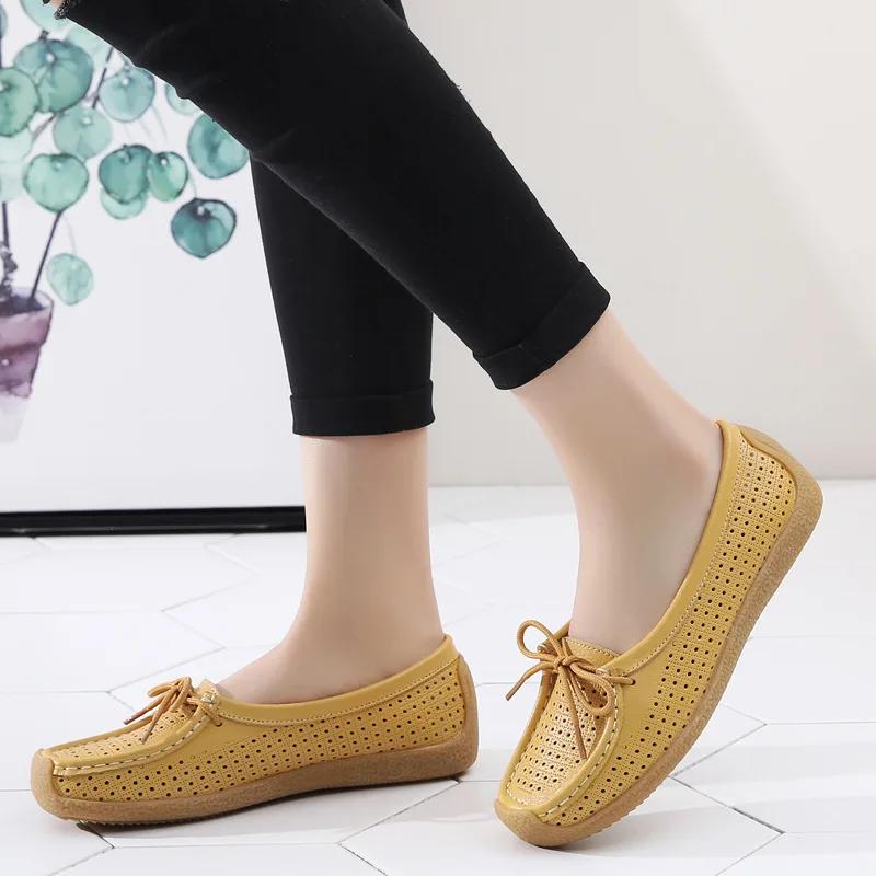 2025 New Women Shoes Moccasins Women Flats Loafers Genuine Leather Female Shoes Slip On Ballet Bowtie Ladies Women's Shoes