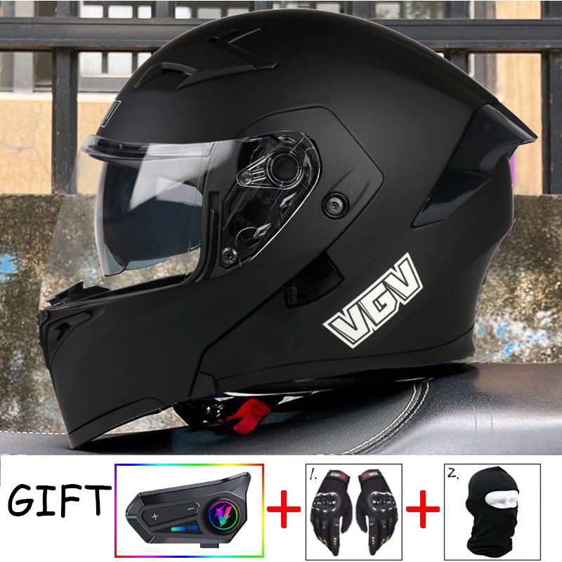 VGV Double Lens flip up helmet Openable motorcycle helmet come with wireless headset gloves headgear Value Promotional Packages
