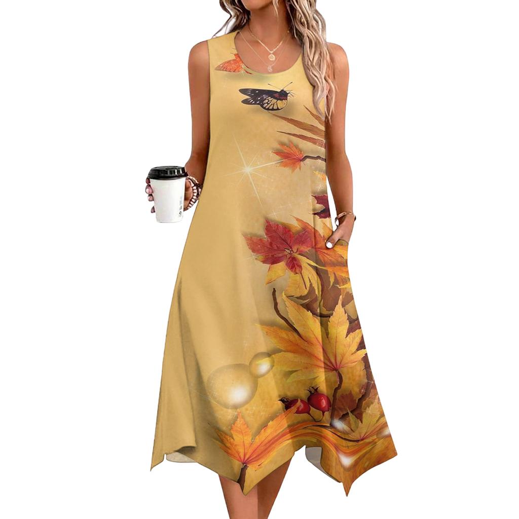 Dámské ležérní šaty na léto Tílkové šaty Volné plážové šaty s kapsami Rozšířené midi letní šaty