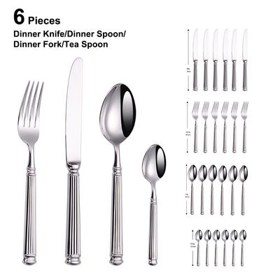 6 Pièces Couverts Argent Acier Inoxydable Vaisselle Occidentale Vintage Élégant Service de Dîner Manche Romain Couteau Cuillère Fourchette Ustensiles de Cuisine