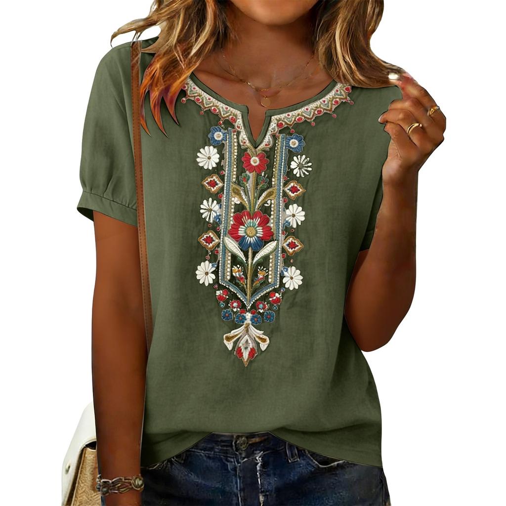 Camisa de Mujer Moderna Oversize Bordada de Cuello en V de Manga Corta Top Casual