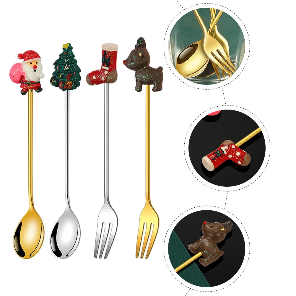 Stainless Steel Coffee Spoon Fork Christmas Cutlery Spoons Metal Dinnerware Party Tableware Gold Decor Food Xmas Themed