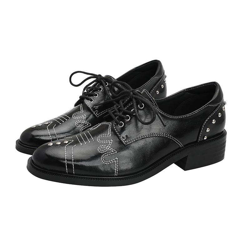 

Винтажные кожаные туфли на шнуровке с заклепками и массивным каблуком - Темный стиль, Большой размер 40 чёрный