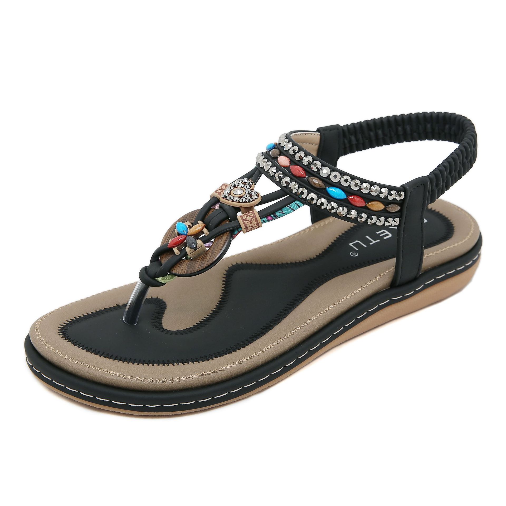 

New casual fashion wooden bead buckle rhinestone flat sandals women s seaside beach 42 чёрный