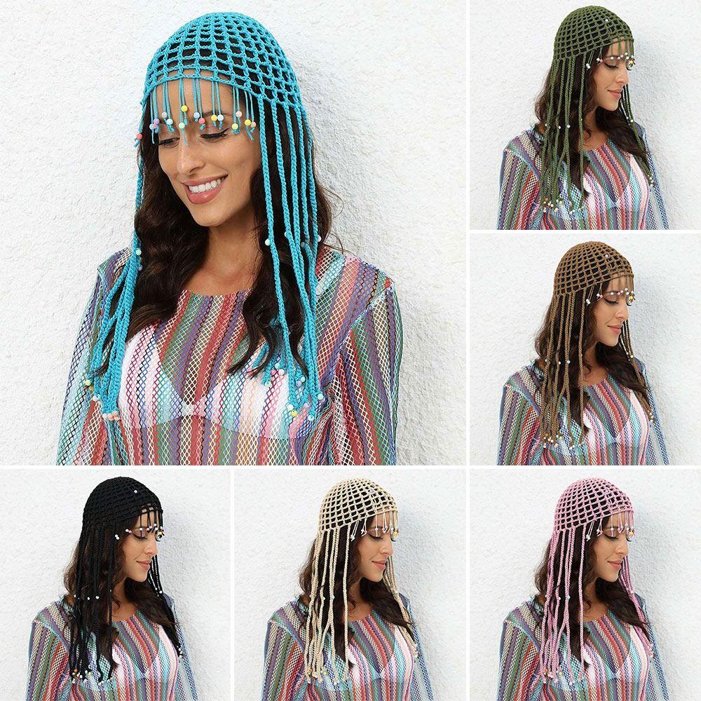 

Handmade Knitted Hat Hollowed Out Skullies Hat Breathable Beret Cap for Women зелений