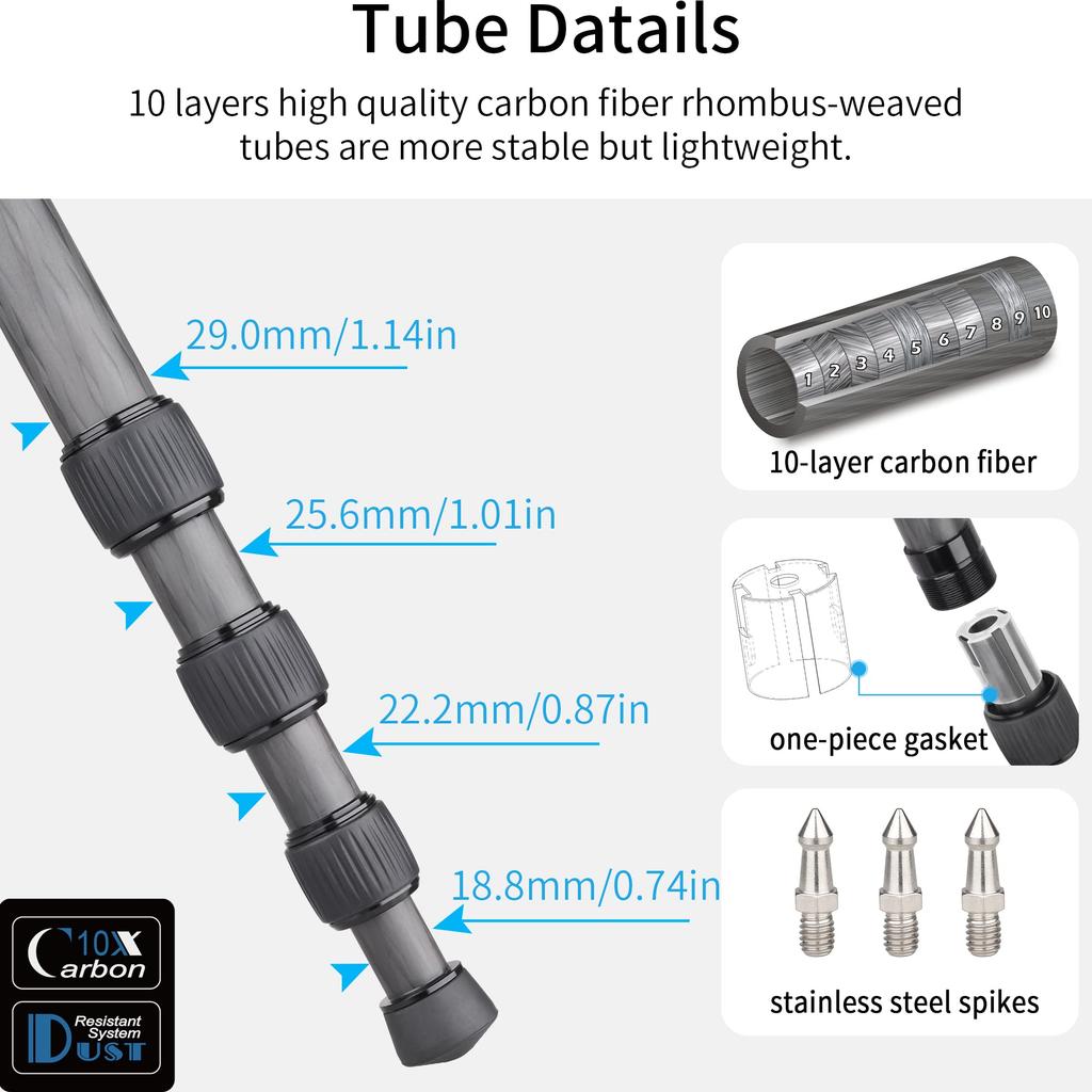 INNOREL RT75C Carbon Tripod 165CM Travel Tripod Professional Grade Nut Lock Elevator Load Capacity 20KG Leg Adjustable Monopod Pipe Diameter 29mm