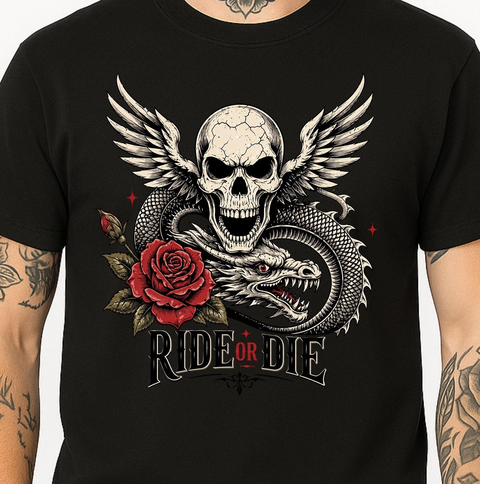 Ride Or Die Winged Skull Dragon Rose Biker Motorcycle Gothic Graphic T-Shirt. XS