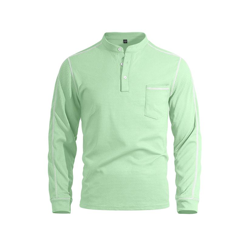 New Men's Waffle Long-sleeved Shirt with Patch-style Buttons, Henry Collar, Pocket-style Casual Outdoor Sports Men's Polo Shirt