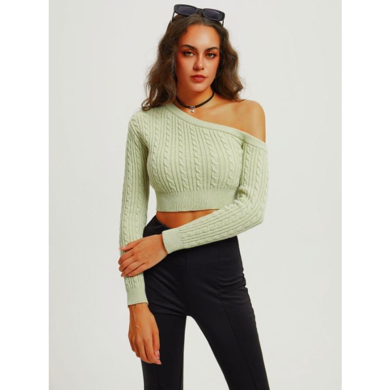 Women's Autumn and Winter Twist Wool Knit Straight Off-the-shoulder Long Sleeve Short Pullover Sweater Top