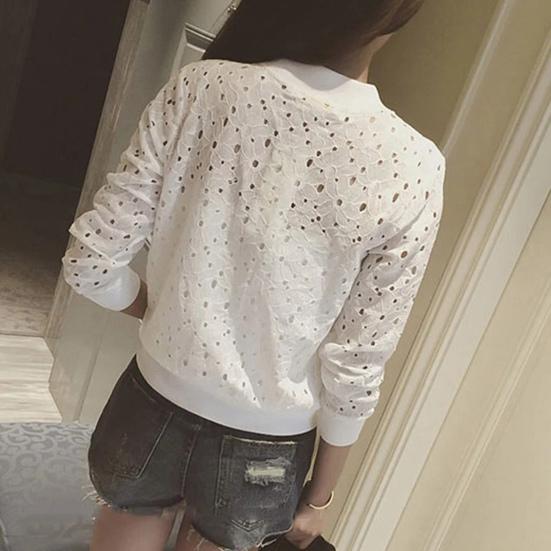 Women Coat Hollow Out Lace Stand Collar Zipper Closure Solid Color Elastic Cuff And