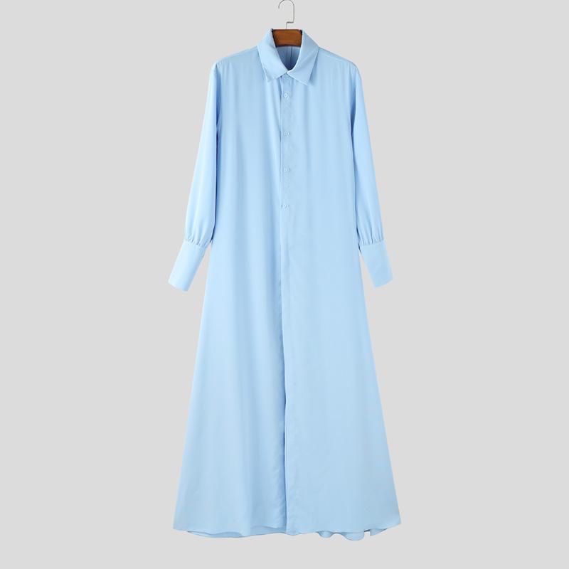 INCERUN Men Lapel Neck Long Sleeve Button Up Casual Long Shirts Tops