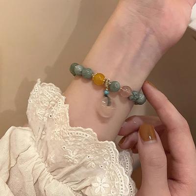 Chinese Style Imitation Jade Lotus Beaded Bracelet  Design Lucky Safety Buckle Pendant Bracelet For Woman Jewelry Gift