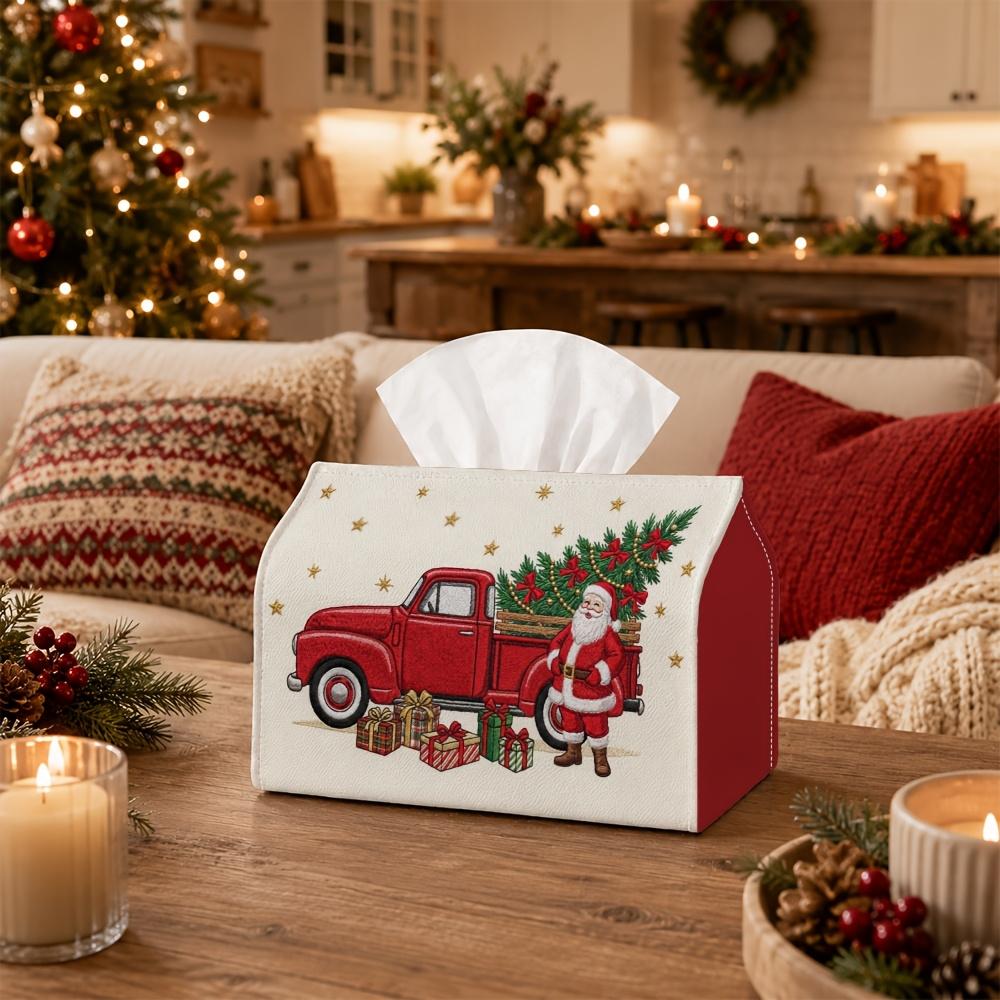 1pc Vintage Farmhouse Tissue Box with Pickup Truck & Santa Claus - Multifunctional Tissue Holder Suitable for Christmas Decor, Rustic Tabletop Storage