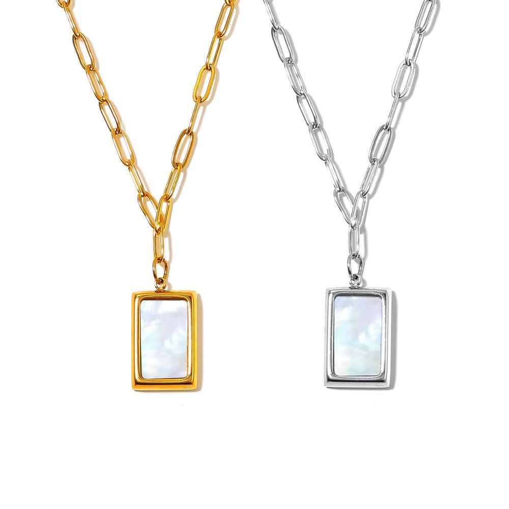 Simple White Sea Shell Square Pendant Necklace Titanium Steel Plated 18K Real Gold Niche Jewelry