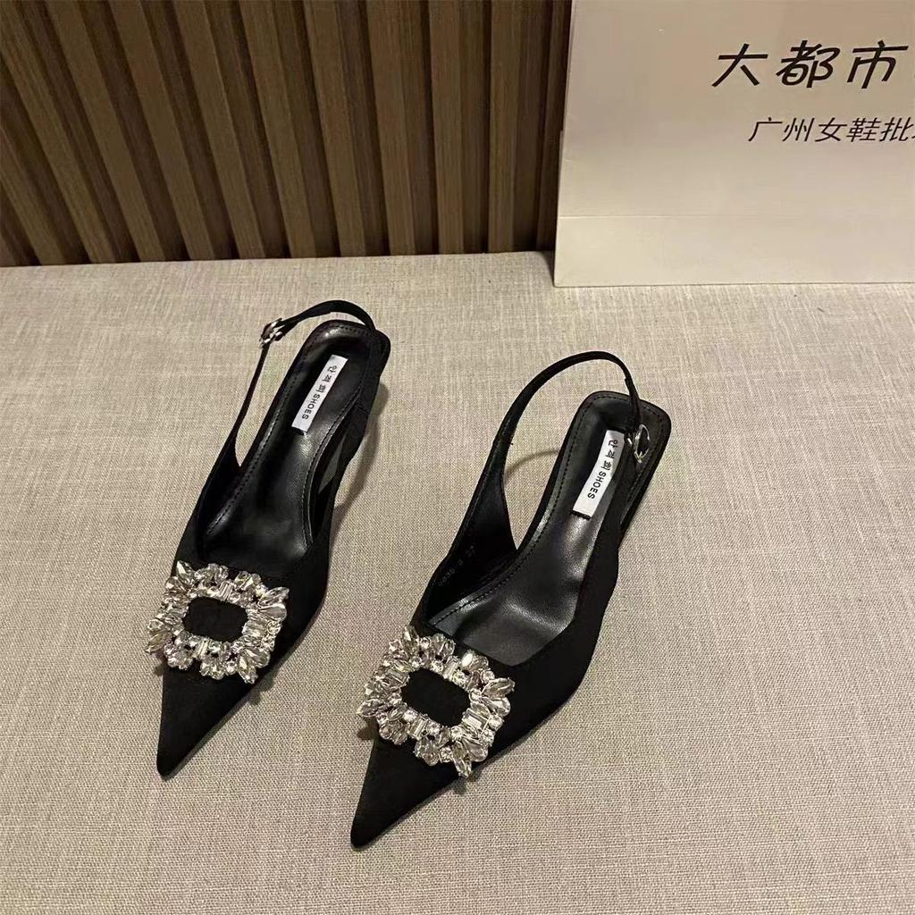Rhinestone Square Buckle High Heels Women'S Thin Heels Pointed Head Shallow Mouth Empty Single Shoes Bag Head Sandals