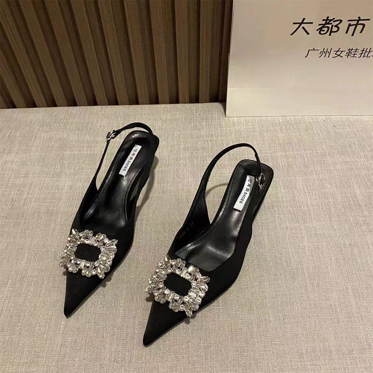 

Rhinestone Square Buckle High Heels Women S Thin Heels Pointed Head Shallow Mouth Empty Single Shoes Bag Head Sandals 36 чорний