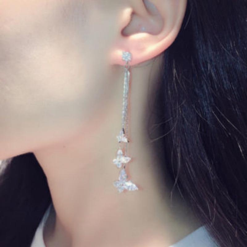 Shiny Crystal Butterfly Dangling Earrings for Women Exquisite Copper CZ Zircon Long Tassel Earring Girls Party Wedding Jewelry