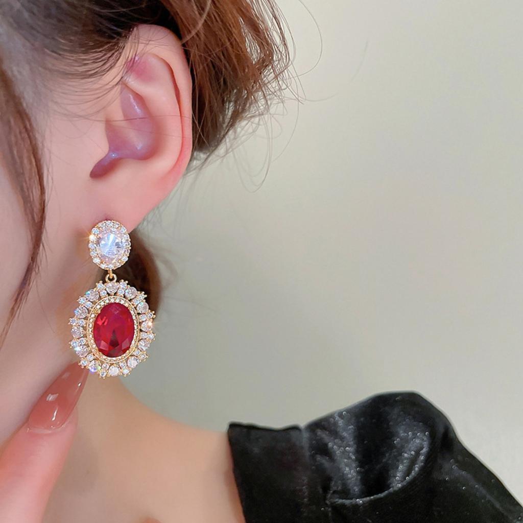 Vintage French Royal Oval Red Cubic Zirconia Double Layer Halo Dangle Drop Earrings Luxury Wedding Women Ear Jewelry