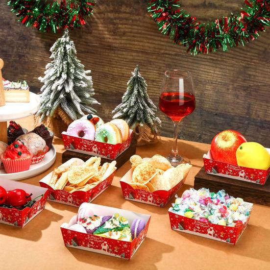 Christmas Snack Trays Disposable Paper Food Boats for Party Platters Santa Santa Tree Designs Serving Tray Leak-Proof Food Holders for Holiday