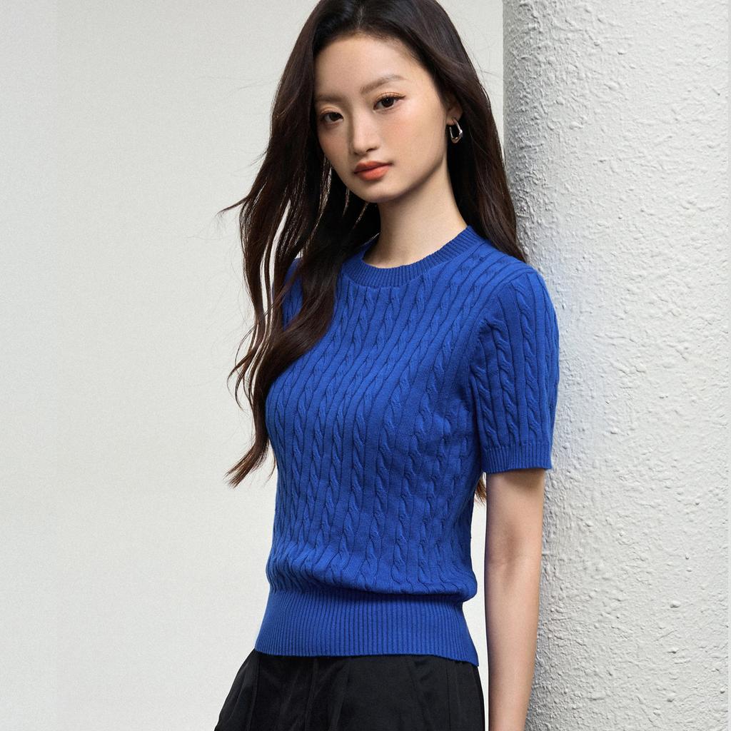 % Cotton knitted sweater women's summer new temperament high-end sense thin twist thin short-sleeved crew neck top thin