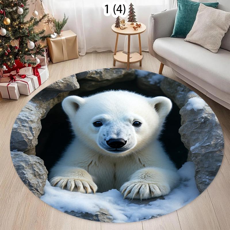 2D Polar Bear Hole Area Rug, Realistic Arctic Bear Print Round Carpet, Non-Slip Funny Floor Mat, Christmas Living Room Decor Rug