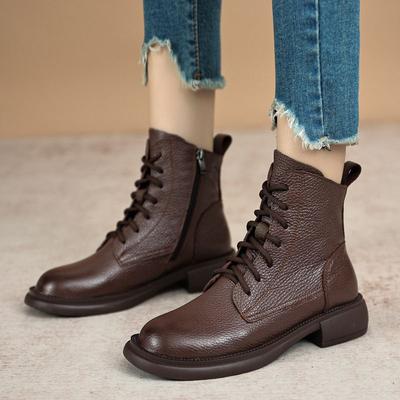 Damen Herbst Rundzehen Schnürstiefel PU-Leder Low-Top Stiefel Britischer Stil Weichsohle Weiches Obermaterial Kurze Stiefel