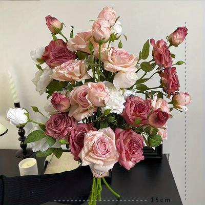 1Pc Simulation 3-headed Rose Silk Flower, for Wedding Bouquets, Outdoor Courtyard Garden Home Decoration