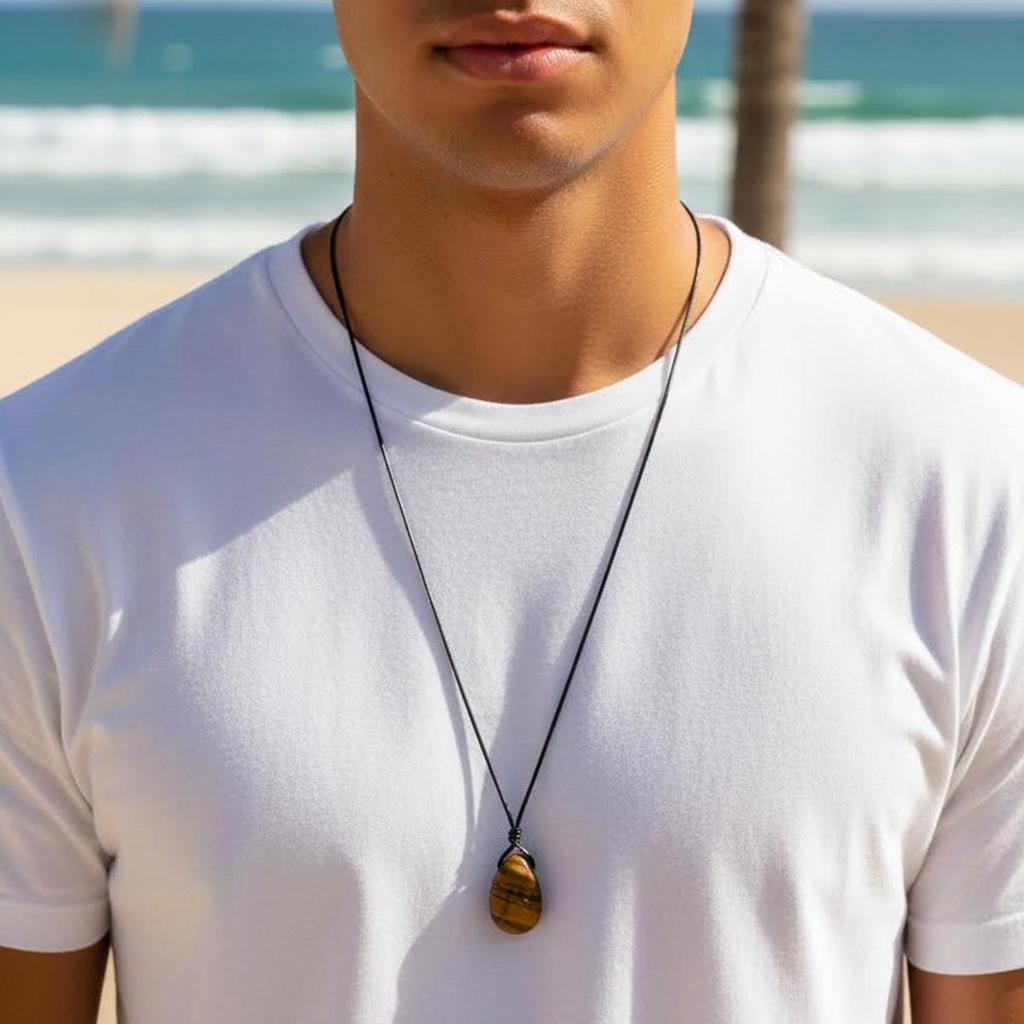 Unisex Irregular Tiger Eye Leather Cord Necklace with Water Drop Pendant