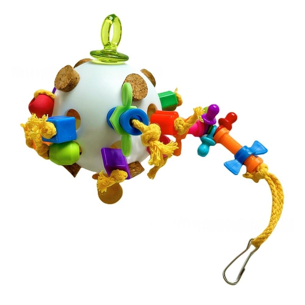 Parrot Puzzle Toy Colorful Foraging Ball with Cork & Cotton Rope Interactive Bird Chewing Toy for Large Parrots Stress Relief