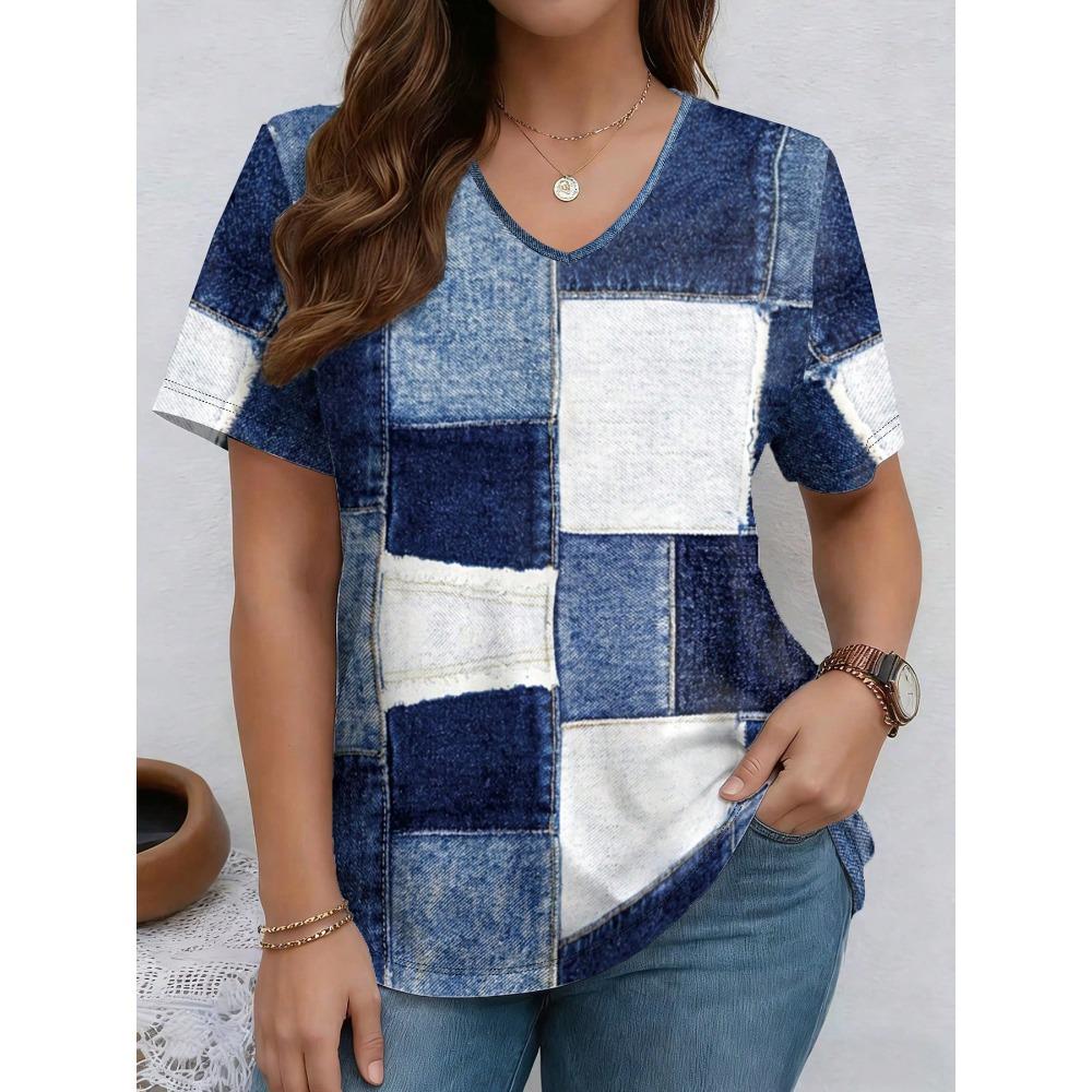 Summer Casual Fashion Imitation Denim Print V-neck Short Sleeved Commuting Versatile T-shirt S